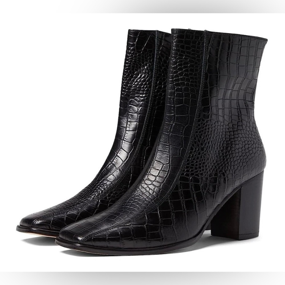 Andre Assous Vilica black leather booties crocodile print zip square toe stacked